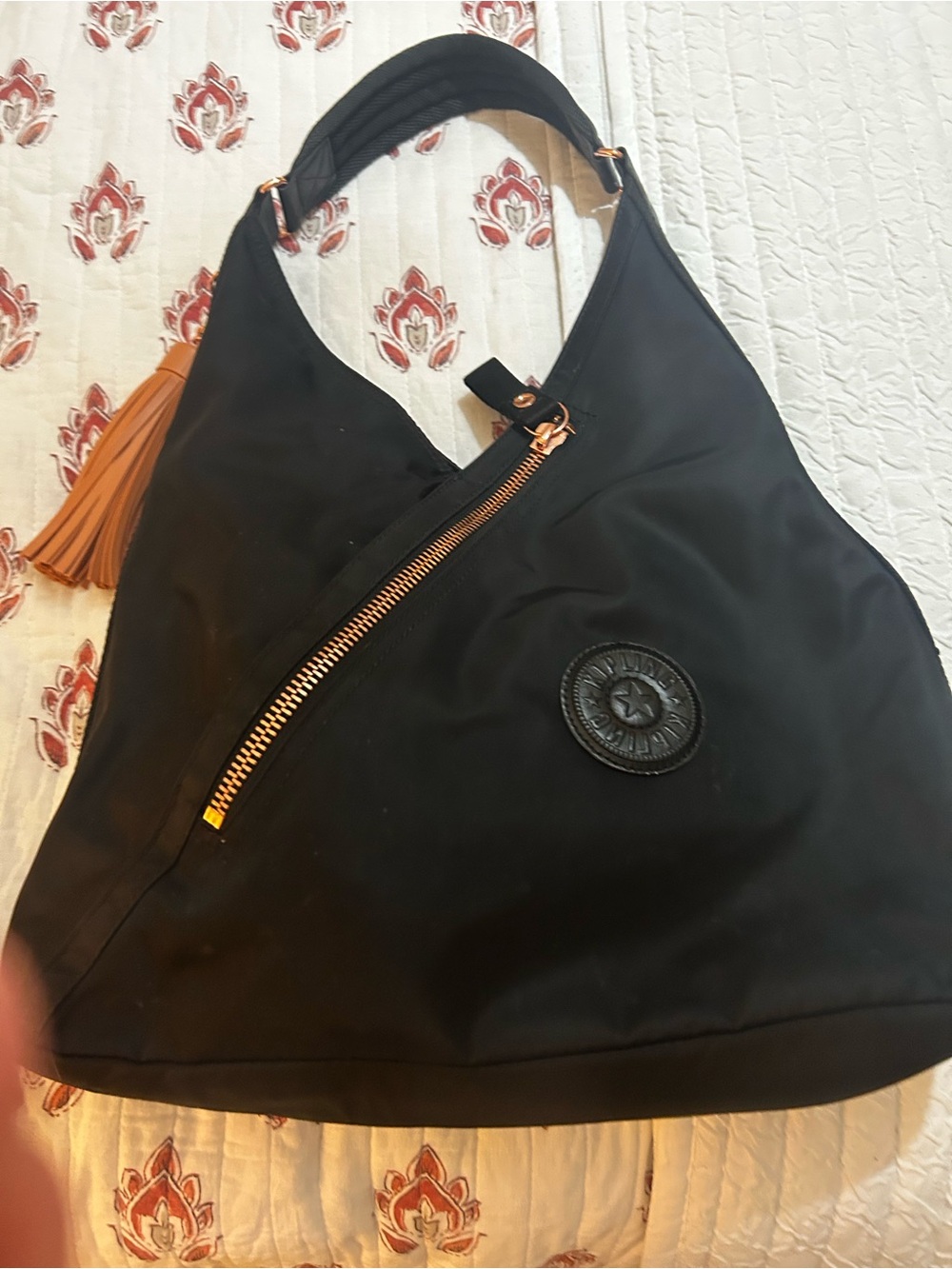 Kipling Black Hobo Shoulder Bag with Tan Tassel